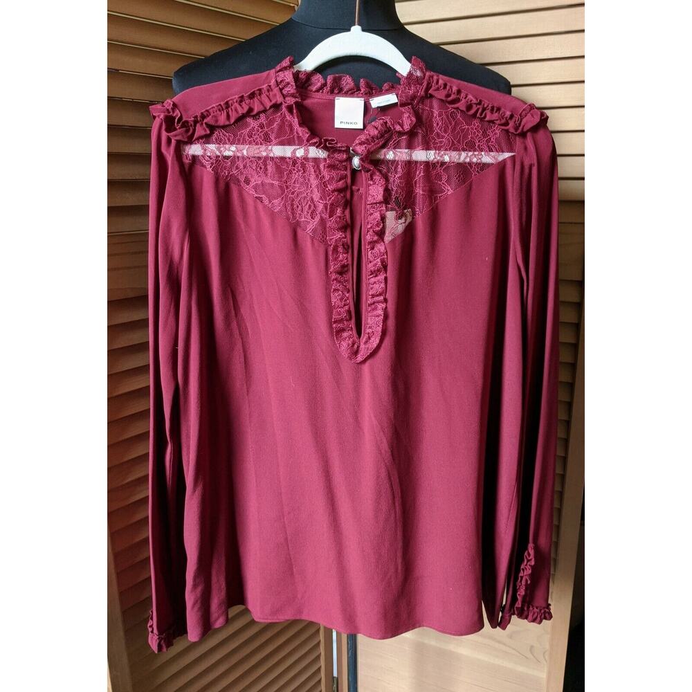 NWT PINKO Burgundy TOP With LACE & Ruffle